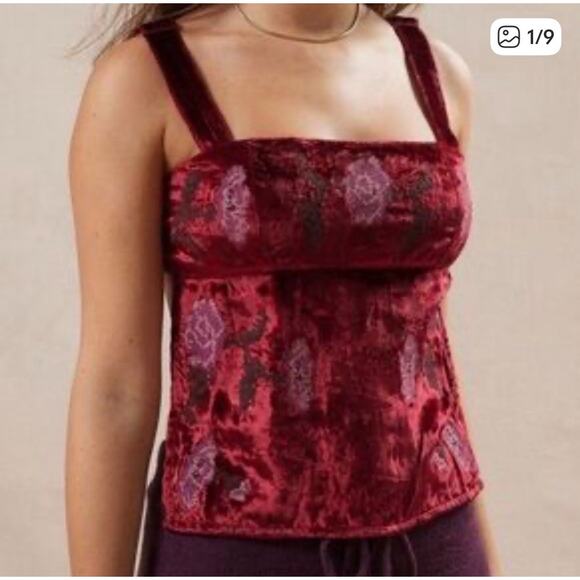 Kimchi Blue Maroon Jana Velvet Floral Embroidered Top Open Back Sz Xl - Picture 1 of 8
